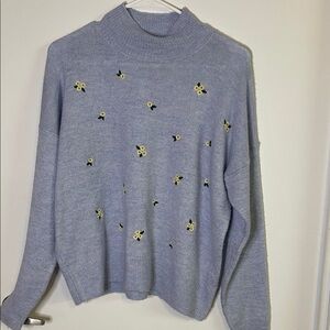 Women's Blue Sweater with Floral Embroidery